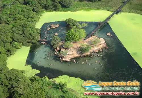 Aerial view of the hot-spring lagoon of Lagoa Santa, Goiás, with the island and the boardwalk
