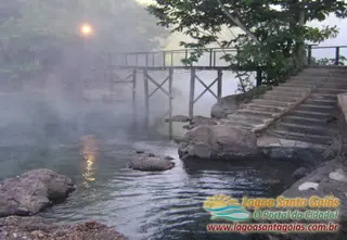 Steam rising from the thermal lagoon at dawn